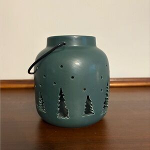 Green Ceramic Lantern Candle Holder with Tree Cutouts Holiday Winter Decor